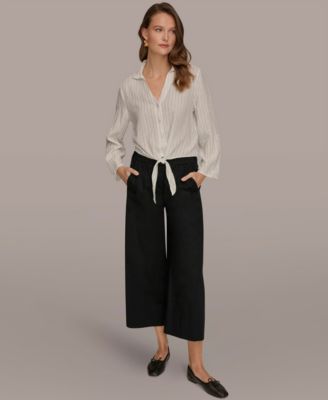 Women's Linen Button-Front Tie Blouse