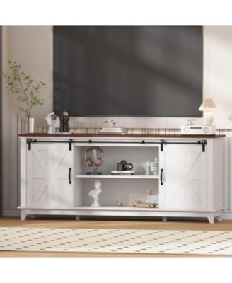 66" Wood Power-Outlet Sliding-Barn-Door Adjustable-Shelf Sideboard Buffet Cabinet