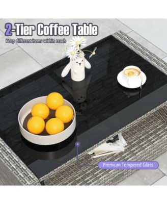 Set Of 4 Patio Furniture Set w/ 2 Rattan Chairs Loveseat Coffee Table Cushions