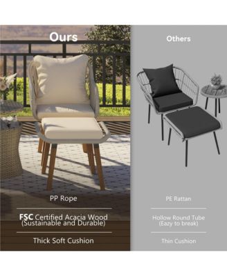 5 Piece Brown Patio Conversation Set with Rope Weaving Chairs Cool Bar Table Ottomans for Porch Poolside