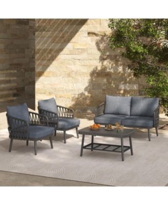 4 Piece Outdoor Patio Conversation Set with Metal Rope Backrest Chairs Coffee Table Thick Cushions  for Garden Poolside