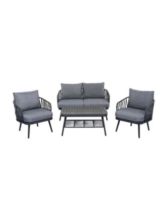 4 Piece Outdoor Patio Conversation Set with Metal Rope Backrest Chairs Coffee Table Thick Cushions  for Garden Poolside