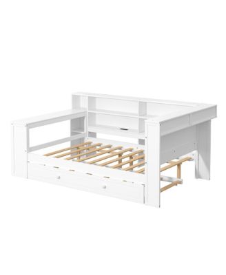 Wood Full Platform Bed with Storage, Trundle, Charging, LED