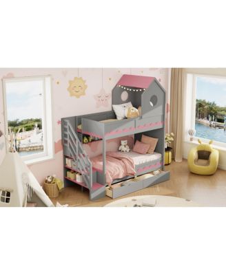 Bed House and Drawer, Staircase, LED, Twin Over Twin