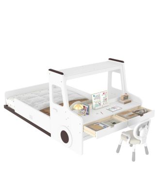 Car-Shape Floor Bed with Storage, Window & Desk, Twin Size