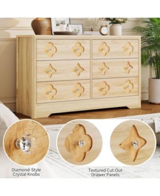6 Drawer Dresser for Bedroom, Wide Dresser, Boho Chest of Drawers, Wooden Chest with Clothes Storage Cabinet, Decorative Drawer Front Organizer