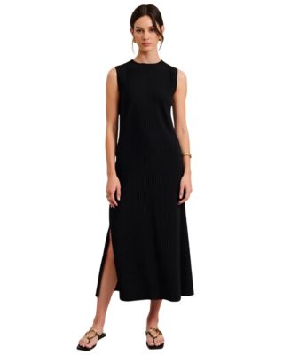 Women's Sleeveless Ribbed Knit Crewneck Side Slit Midi Dress