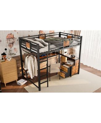 Metal Frame Full Loft Bed with Desk and Storage, No Spring Box Needed
