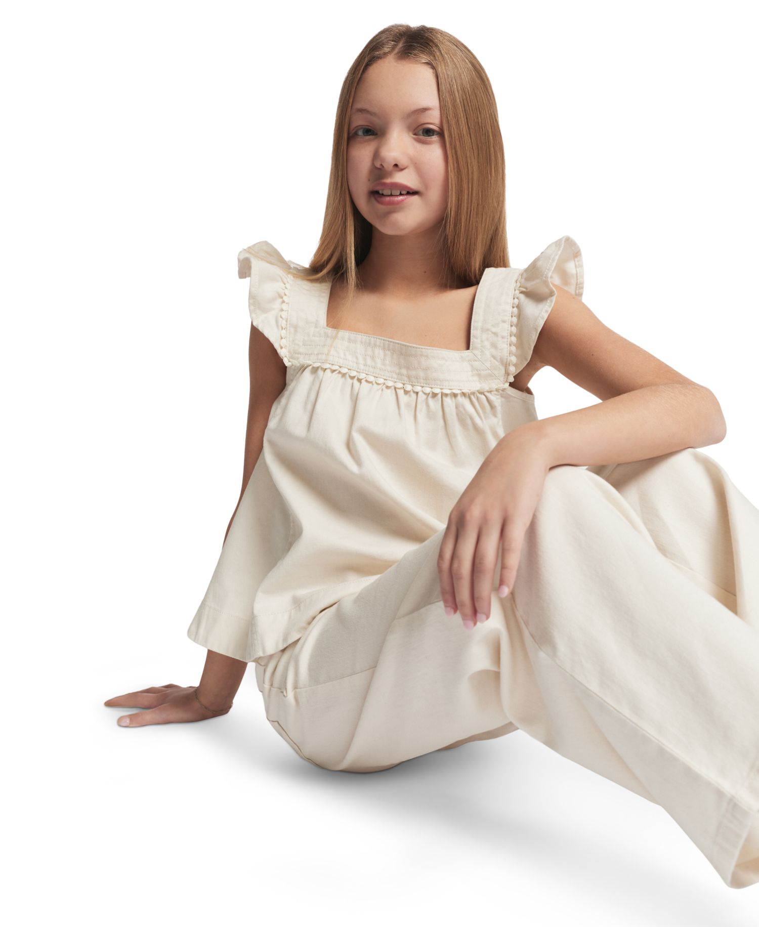 Girls' 7-16 Twill Ruffle-Sleeve Top