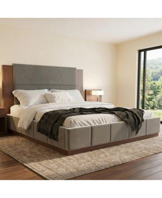 Velvet Upholstered King Bed Frame with Extended Wood Headboard