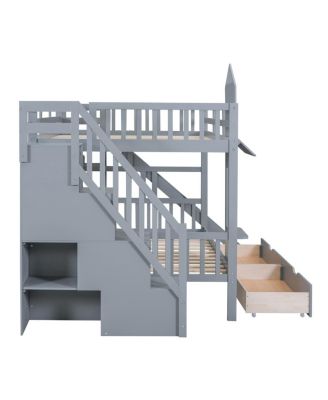 Full-Over-Full Castle Bunk Bed w/ Drawers, Shelves & Slide