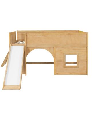 Streamdale Full Size Wooden Low Loft Bed with Storage, Slide, Door & Window