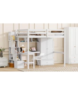  Full Size Loft Wood Bed with Desk, Shelves, Wardrobe, Staircase