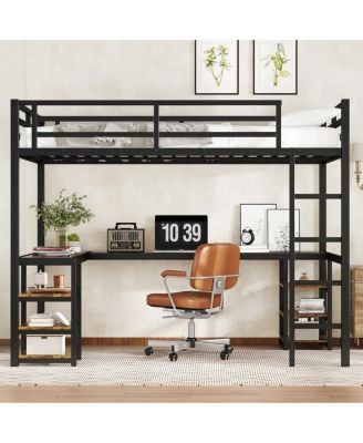 Twin XL Metal Loft Bed with Desk, Shelves, Ladder & Guardrails