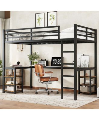 Twin XL Metal Loft Bed with Desk, Shelves, Ladder & Guardrails