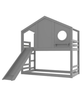 Twin House Bunk Bed with Slide & Storage Shelves, Solid Wood Loft Bed