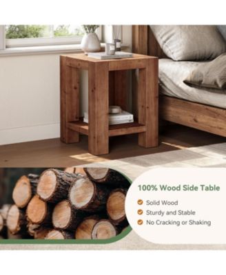 19.69" Solid Wood Side Table Set of 2, Farmhouse 2-Tier End Table with Storage Shelves