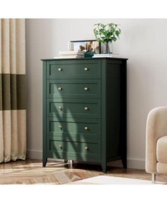 5-Drawer Tall Dresser for Bedroom, Wooden Storage Chest with Deep Drawers and Metal Knobs for Entryway, Hallway, Green
