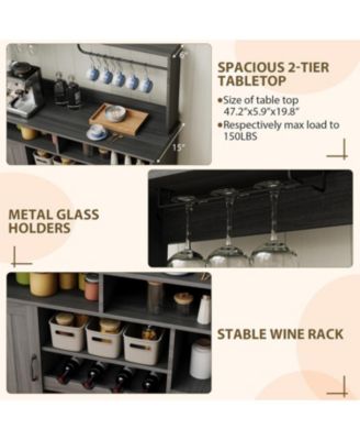 47" Farmhouse Coffee Bar Cabinet with Charging Station & Wine Racks Rustic Wood Kitchen Buffet Cabinet Wine Bar Table for Dining & Living Room