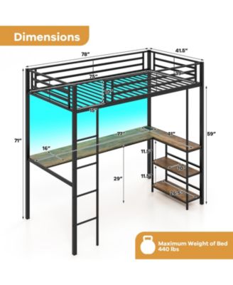 Twin Size Loft Bed Raised Platform Bed with Desk and 2 Storage Shelves