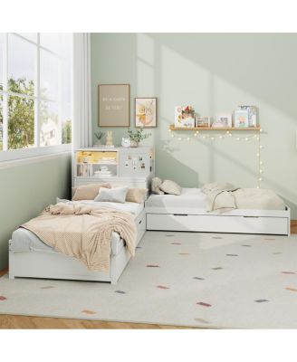 L-Shaped Twin Bed Frame w/ Trundle, Drawer, Desk & LED