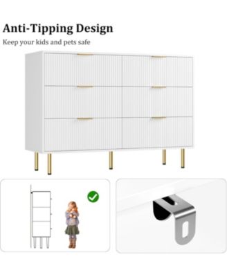 6 Drawer Dresser for Bedroom Chest of Drawers, 47" Wide Fluted Dresser with Drawers, Modern Wooden Double Dressers with Metal Handles
