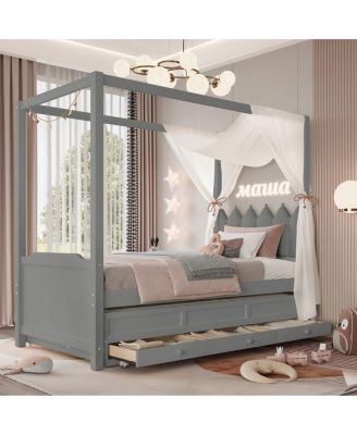 Twin Platform Bed with Upholstered Headboard, Trundle, 3 Drawers & Canopy