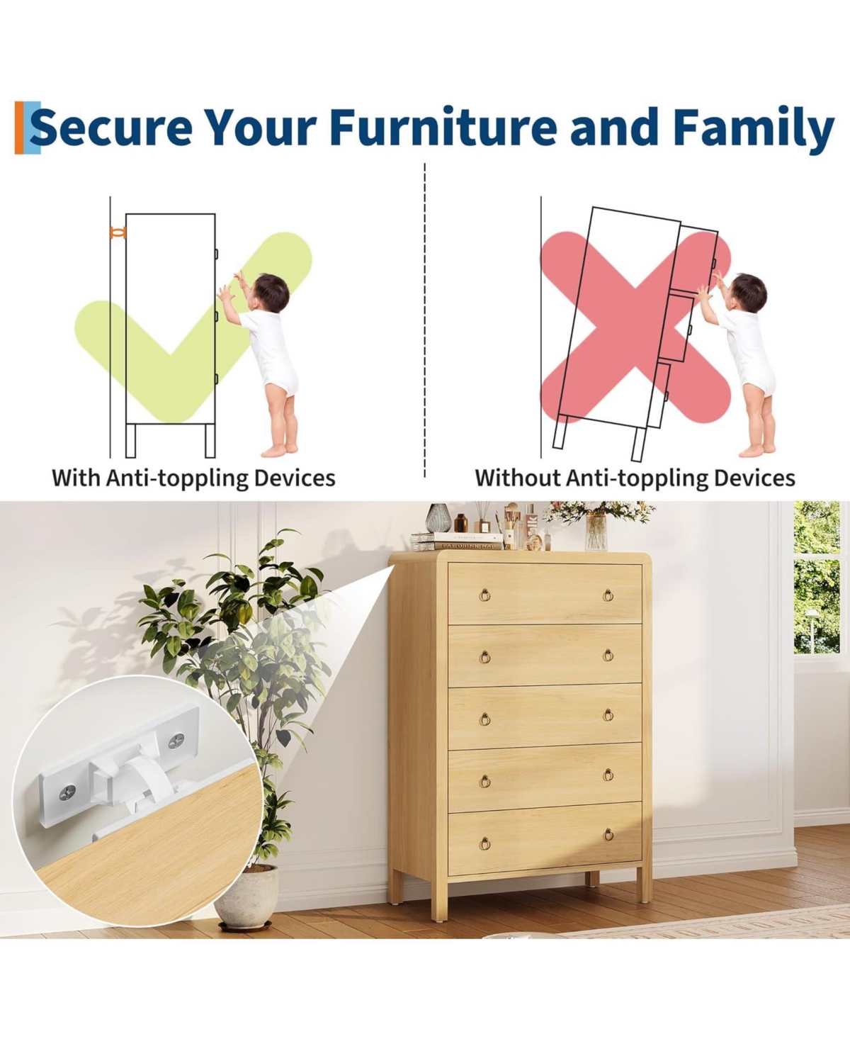 Gaomon 5 Drawer Tall Dresser, Oak Finish Storage Chest with Gold Ring Pulls