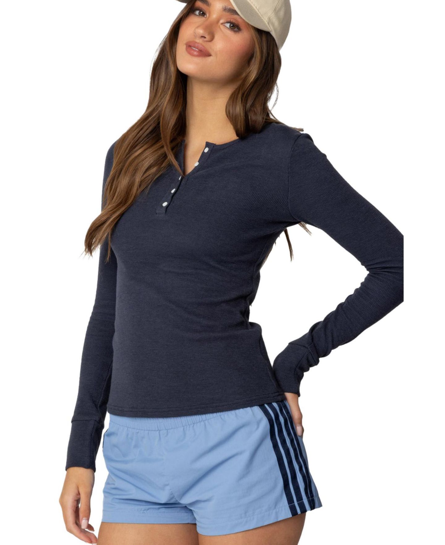 Женская футболка Edikted Helaine Waffle Henley T, цвет: Тёмный синий — фото 4