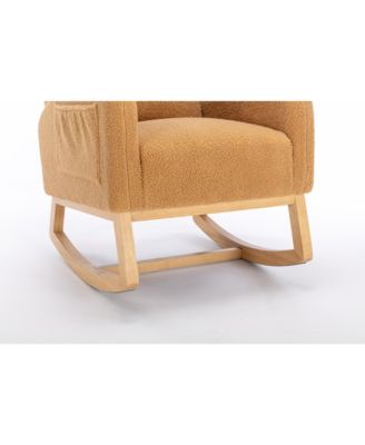 Khaki Teddy Fabric Rocking Chair with Wooden Frame Legs Built in Packet Ergonomic Backrest 300 LBS Capacity for Living Room Bedroom