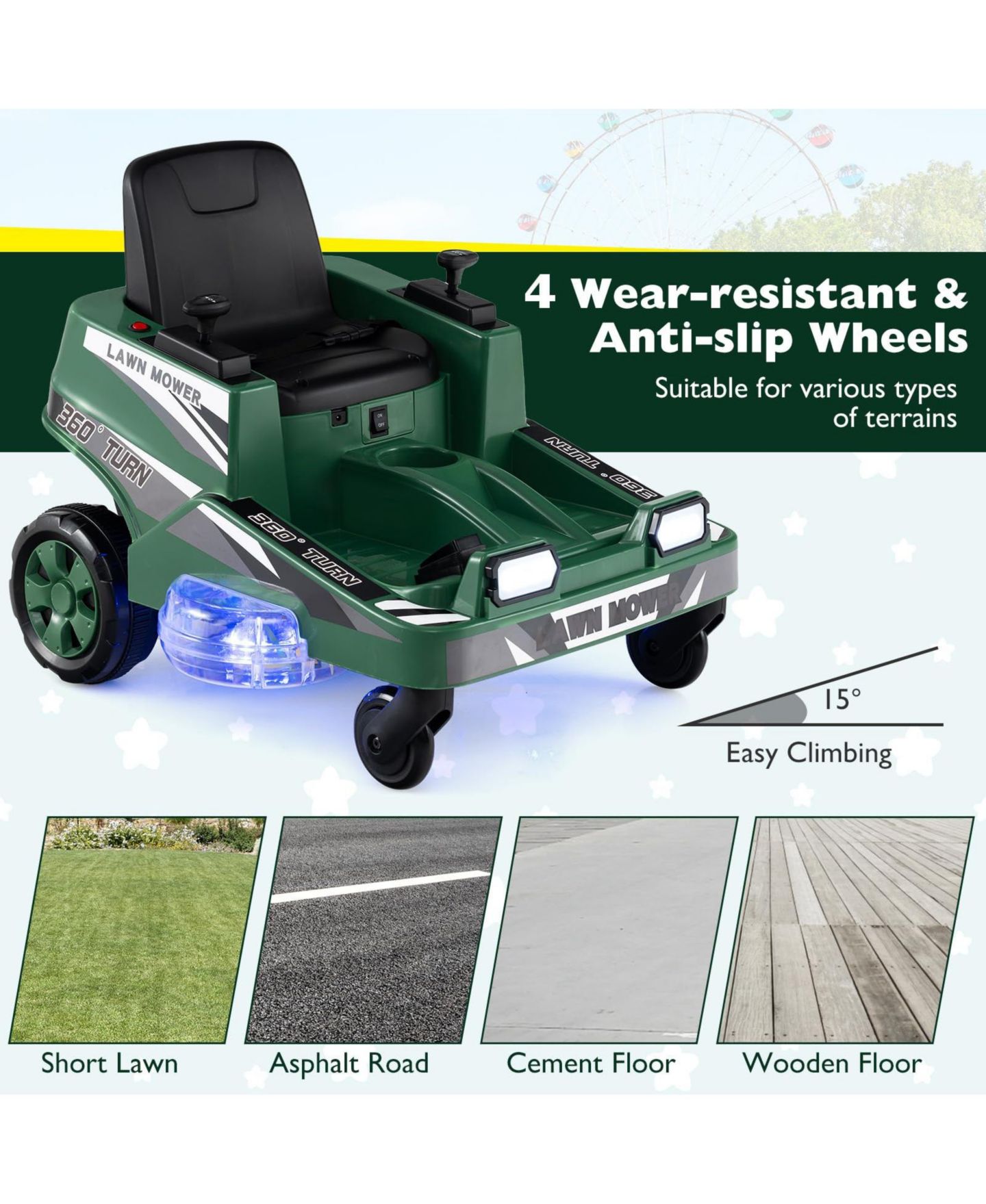Детская игрушка Mecale 12V LED Lights 360-Degree Spin Ride-On Lawn Mower, Ages 3+, цвет: Зелёный — фото 5