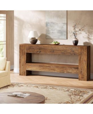 63-Inch Solid Wood Console Table, Farmhouse Entryway Table with 2-Tier Storage Shelf, Rustic Wood Narrow Long Sofa Table Behind Couch