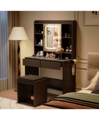 Vanity Desk with Mirror and Lights, for Bedroom, Includes Padded Stool, Easy to Assemble, Storage Drawers, USB Outlets