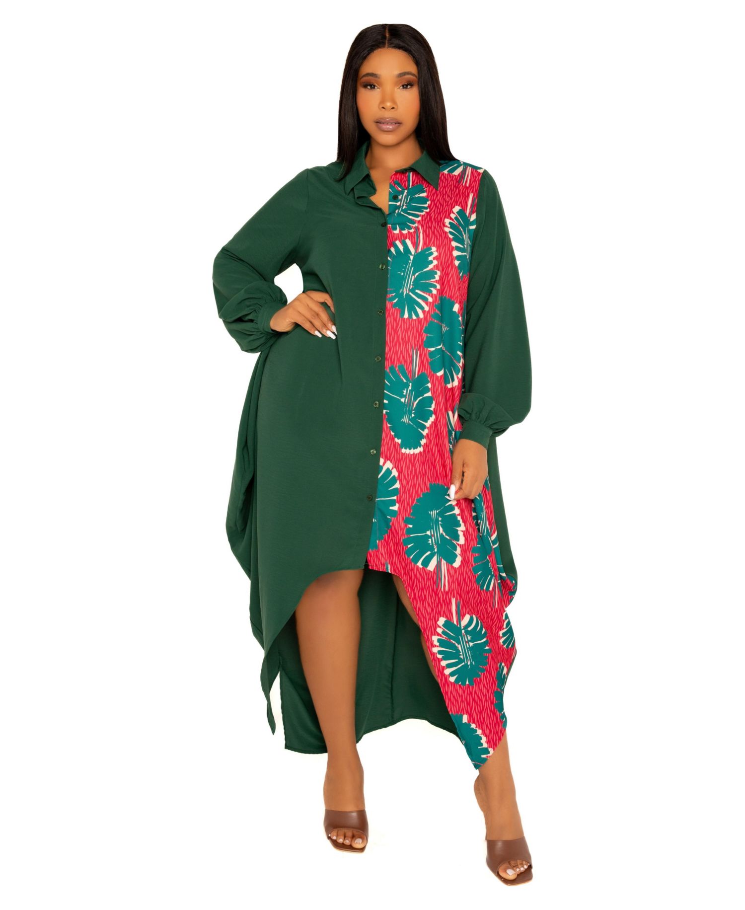 Women's Plus Size Contrast Print Drapy Shirt Maxi Dress