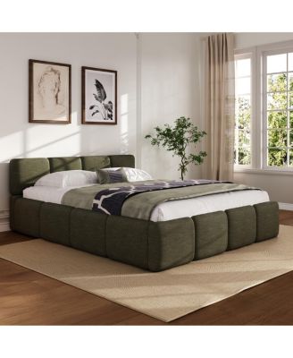Boucle Platform Bed with Thick Headboard and Footboard