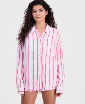 Women's Striped Button-Front Swim Cover-Up Shirt
