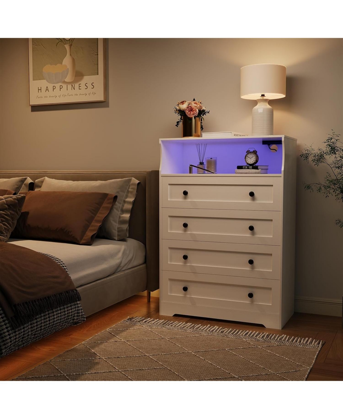 Gaomon Tall Dresser for Bedroom with Led Lights & Charging Station, 4 Drawer Wood Chest of Drawers for Closet, Living Room, Hallway
