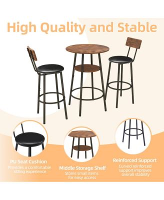 Rustic Brown 3-Piece Round Bar Table & 2 Stools Set