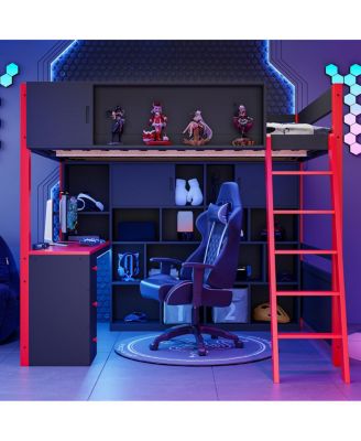 Full Size Wood Loft Bed with Desk, Ample Storage Space and Light