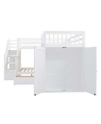 Streamdale Twin L-Shaped Bunk Bed w/ Desk, Wardrobe & 3 Drawers, White