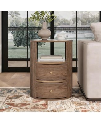 Mid-Century Walnut Fluted End Table with 2 Drawers & Open Shelf