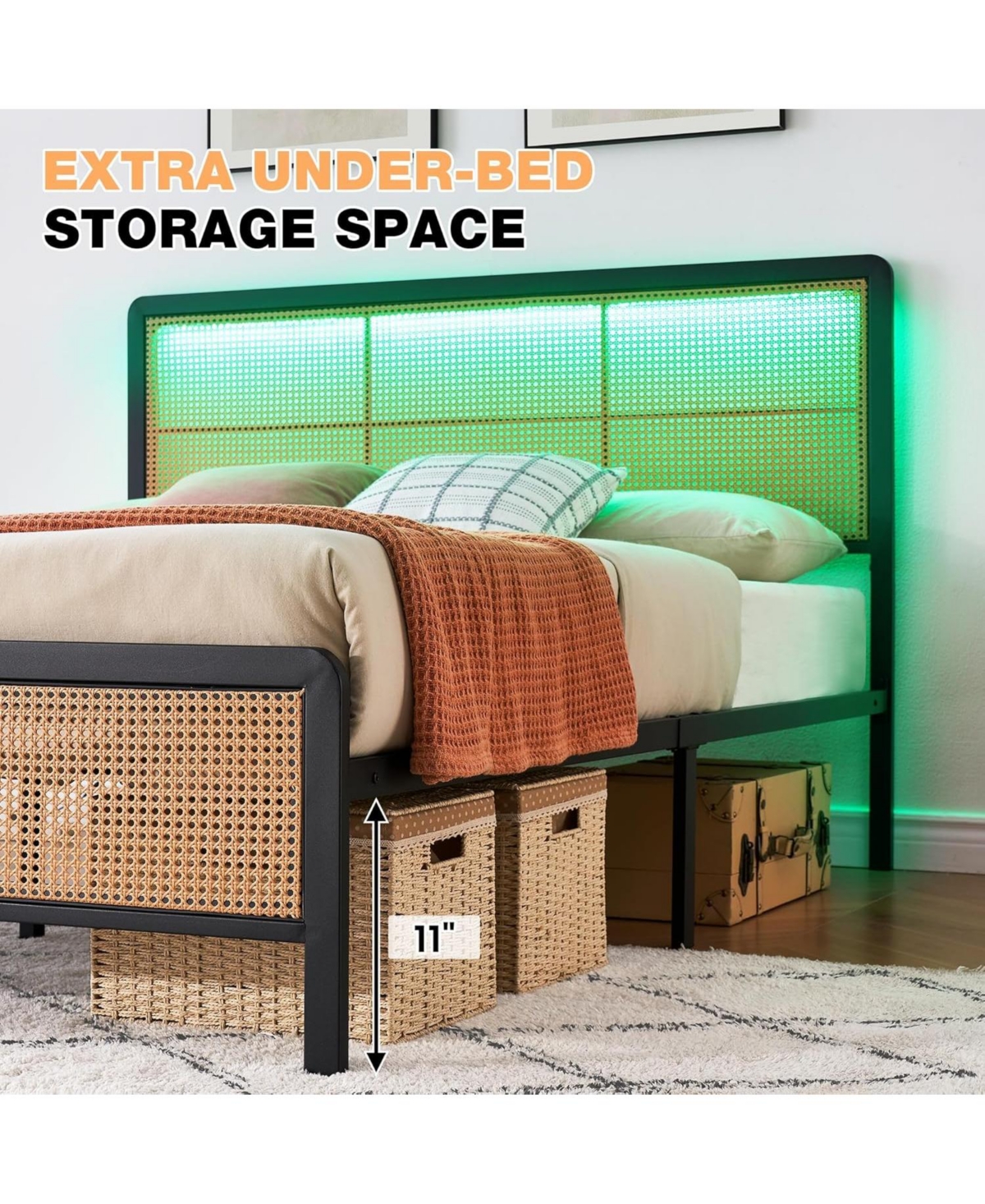 Gaomon Full Rattan Platform Bed Frame with Led Light Headboard