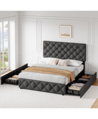 Bed Frame with 4 Storage Drawers and Adjustable Headboard, Linen Upholstered Platform Beds