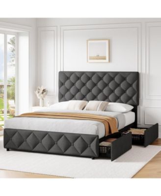 Queen Size Bed Frame with 4 Storage Drawers, Linen Upholstered Platform Bed Frame with Adjustable Headboard