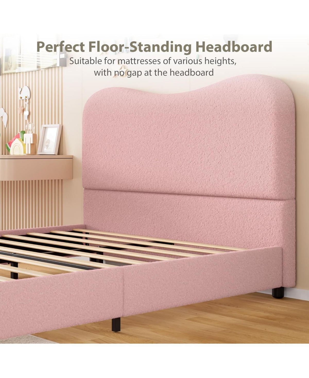 gaomon Bed Frame with Upholstered Headboard, Soft Low Profile Sturdy Platform Rounded Corners Design, Wooden Slats