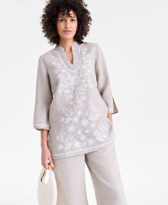 Women's 100% Linen Embroidered 3/4-Sleeve Tunic