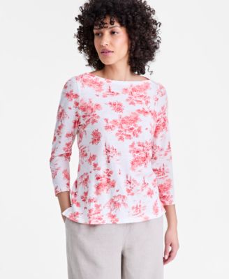 Women's Linen Blend Boat-Neck 3/4-Sleeve Top