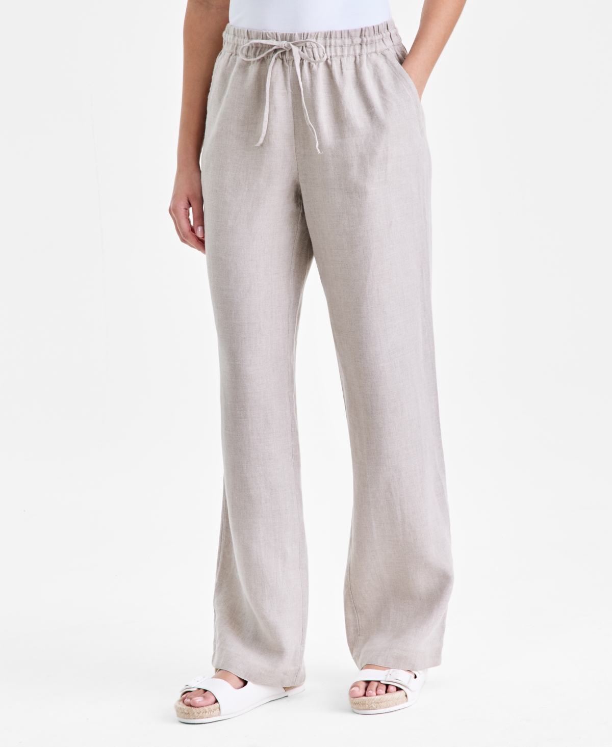 Charter Club Petite Wide-Leg Drawstring Linen Pants, Macy's Exclusive - Flax Delave