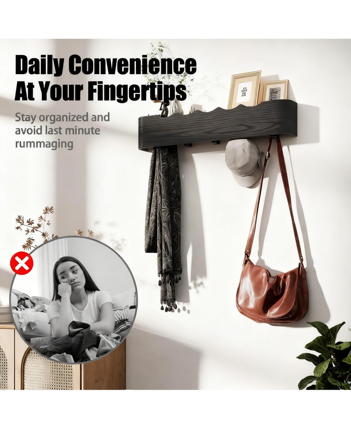 Yigii Solid Wood Wall Rack with Hooks for Coats, Hats, Bags, Towels - Decorative & Storage