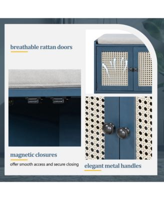 Rustic Storage Bench - Wood Shoe Cabinet Storage Ottoman with Removable Cushion, Woven Rattan Doors, Adjustable Shelves for Hallway